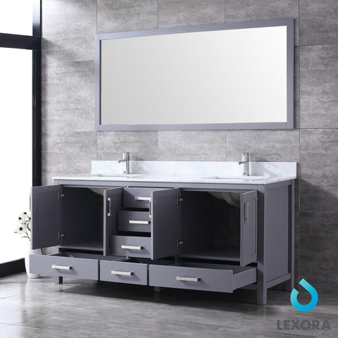 Image of Jacques 72" Dark Grey Double Vanity | White Carrara Marble Top | White Square Sinks and 70" Mirror