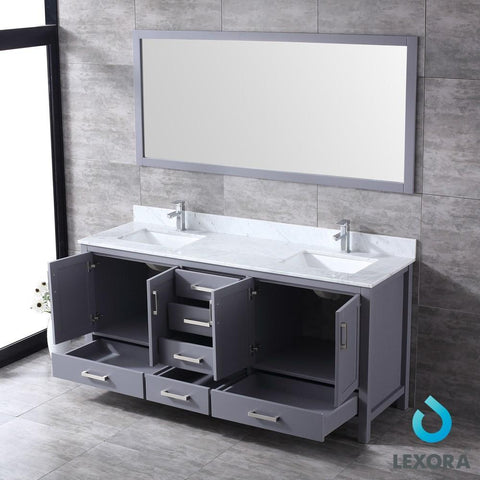 Image of Jacques 72" Dark Grey Double Vanity | White Carrara Marble Top | White Square Sinks and 70" Mirror