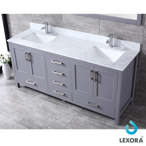 Image of Jacques 72" Dark Grey Double Vanity | White Carrara Marble Top | White Square Sinks and 70" Mirror