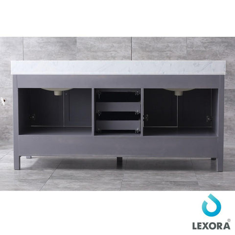 Image of Jacques 72" Dark Grey Double Vanity | White Carrara Marble Top | White Square Sinks and 70" Mirror