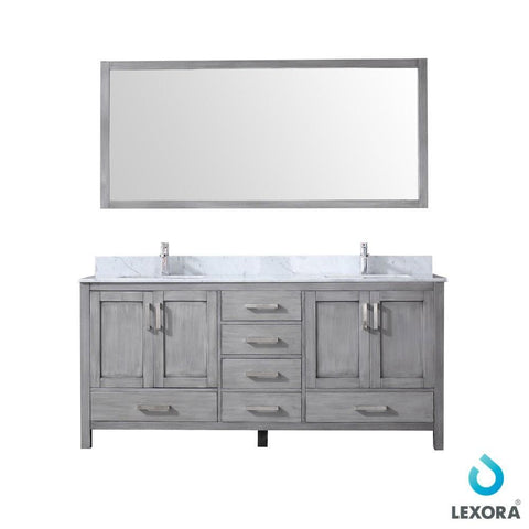 Image of Jacques 72" Distressed Grey Double Vanity | White Carrara Marble Top | White Square Sinks and 70" Mirror