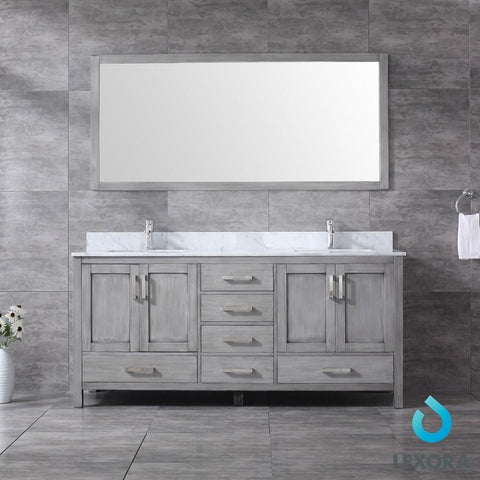 Image of Jacques 72" Distressed Grey Double Vanity | White Carrara Marble Top | White Square Sinks and 70" Mirror