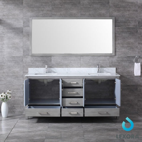 Image of Jacques 72" Distressed Grey Double Vanity | White Carrara Marble Top | White Square Sinks and 70" Mirror