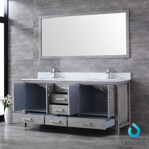 Image of Jacques 72" Distressed Grey Double Vanity | White Carrara Marble Top | White Square Sinks and 70" Mirror