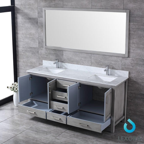 Image of Jacques 72" Distressed Grey Double Vanity | White Carrara Marble Top | White Square Sinks and 70" Mirror