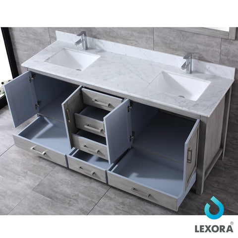 Image of Jacques 72" Distressed Grey Double Vanity | White Carrara Marble Top | White Square Sinks and 70" Mirror