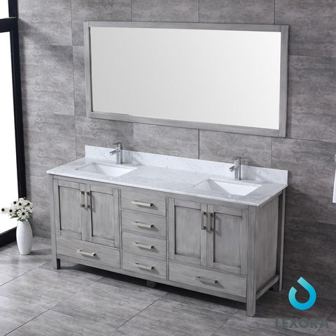 Image of Jacques 72" Distressed Grey Double Vanity | White Carrara Marble Top | White Square Sinks and 70" Mirror