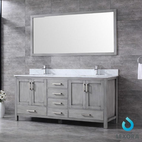 Image of Jacques 72" Distressed Grey Double Vanity | White Carrara Marble Top | White Square Sinks and 70" Mirror