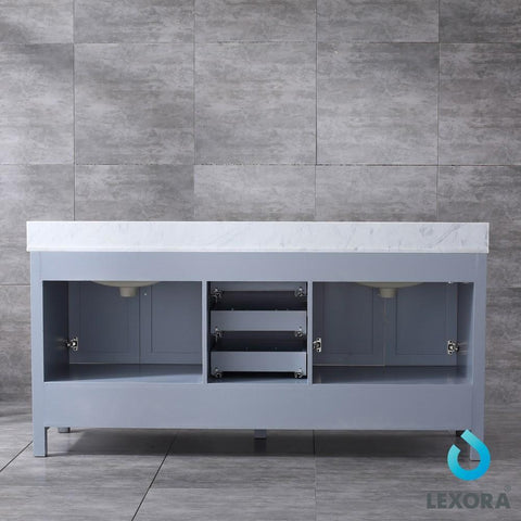 Image of Jacques 72" Distressed Grey Double Vanity | White Carrara Marble Top | White Square Sinks and 70" Mirror