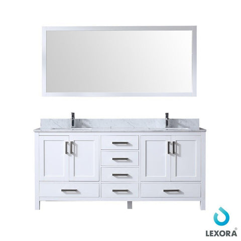 Image of Jacques 72" White Double Vanity | White Carrara Marble Top | White Square Sinks and 70" Mirror