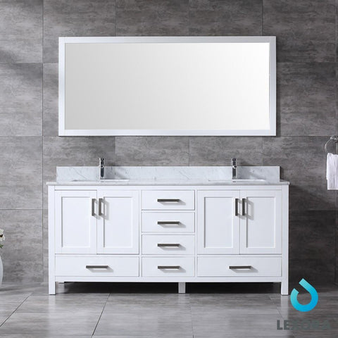 Image of Jacques 72" White Double Vanity | White Carrara Marble Top | White Square Sinks and 70" Mirror
