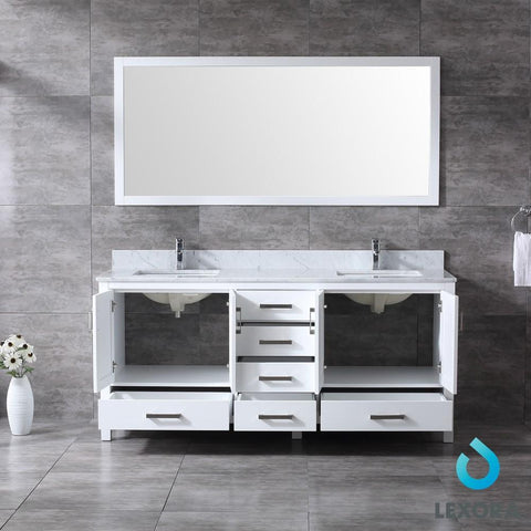 Image of Jacques 72" White Double Vanity | White Carrara Marble Top | White Square Sinks and 70" Mirror