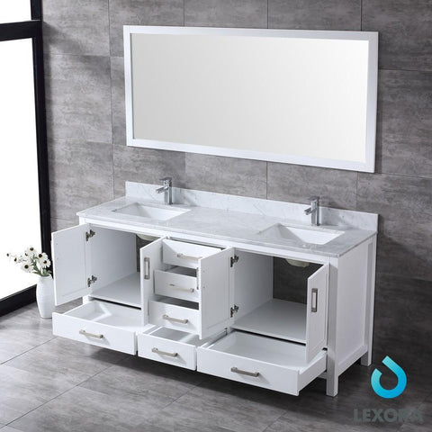 Image of Jacques 72" White Double Vanity | White Carrara Marble Top | White Square Sinks and 70" Mirror