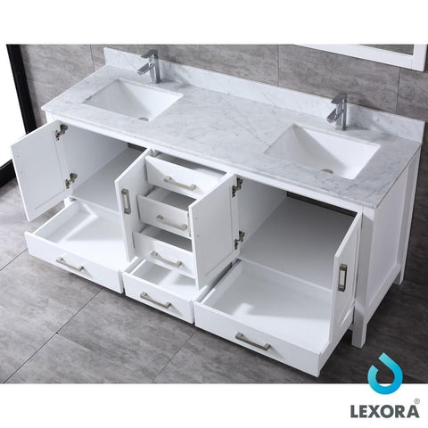 Image of Jacques 72" White Double Vanity | White Carrara Marble Top | White Square Sinks and 70" Mirror