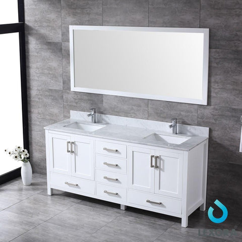 Image of Jacques 72" White Double Vanity | White Carrara Marble Top | White Square Sinks and 70" Mirror