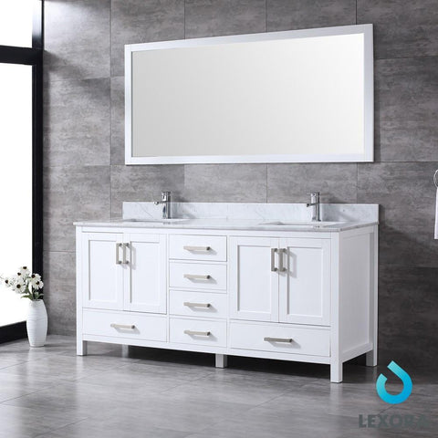 Image of Jacques 72" White Double Vanity | White Carrara Marble Top | White Square Sinks and 70" Mirror