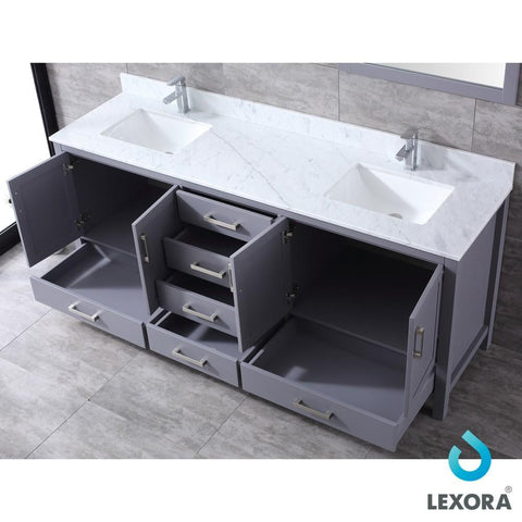 Image of Jacques 80" Dark Grey Double Vanity | White Carrara Marble Top | White Square Sinks and 30" Mirrors