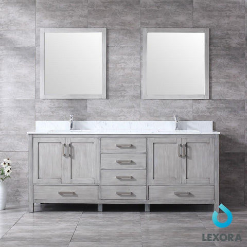 Image of Jacques 80" Distressed Grey Double Vanity | White Carrara Marble Top | White Square Sinks and 30" Mirrors