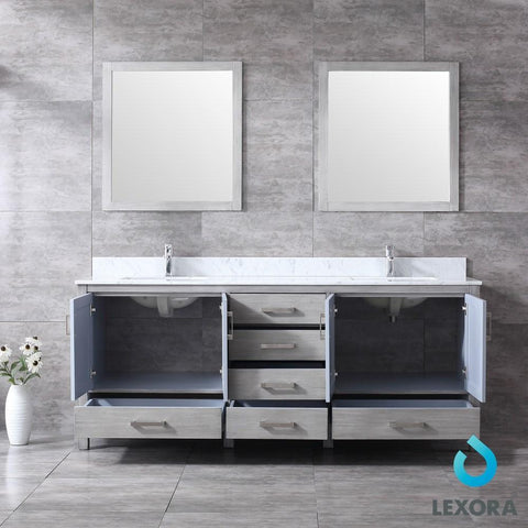 Image of Jacques 80" Distressed Grey Double Vanity | White Carrara Marble Top | White Square Sinks and 30" Mirrors