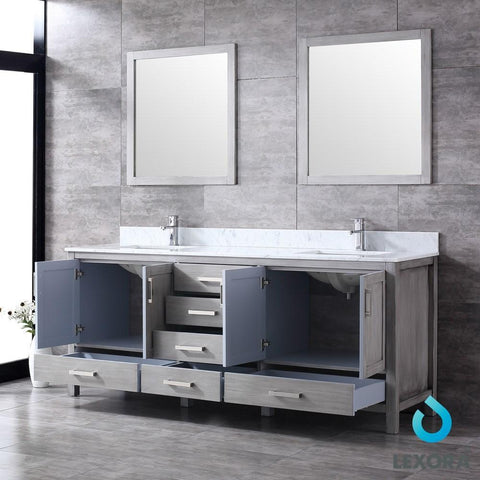 Image of Jacques 80" Distressed Grey Double Vanity | White Carrara Marble Top | White Square Sinks and 30" Mirrors