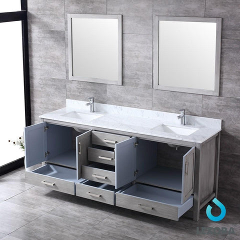 Image of Jacques 80" Distressed Grey Double Vanity | White Carrara Marble Top | White Square Sinks and 30" Mirrors