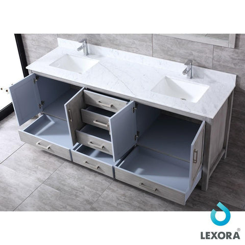 Image of Jacques 80" Distressed Grey Double Vanity | White Carrara Marble Top | White Square Sinks and 30" Mirrors