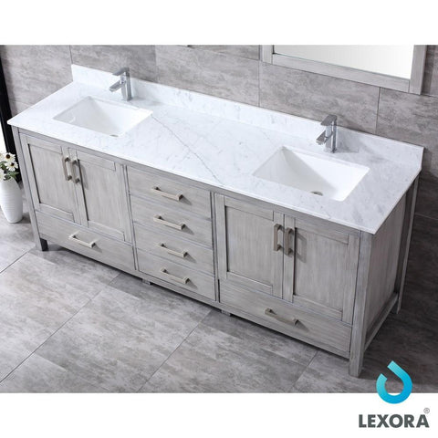 Image of Jacques 80" Distressed Grey Double Vanity | White Carrara Marble Top | White Square Sinks and 30" Mirrors