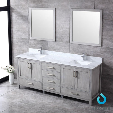 Image of Jacques 80" Distressed Grey Double Vanity | White Carrara Marble Top | White Square Sinks and 30" Mirrors