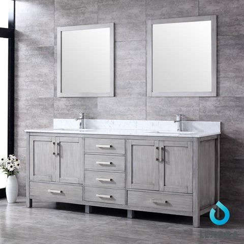 Image of Jacques 80" Distressed Grey Double Vanity | White Carrara Marble Top | White Square Sinks and 30" Mirrors