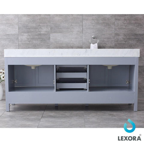 Image of Jacques 80" Distressed Grey Double Vanity | White Carrara Marble Top | White Square Sinks and 30" Mirrors