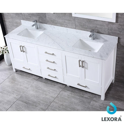 Image of Jacques 80" White Double Vanity | White Carrara Marble Top | White Square Sinks and 30" Mirrors