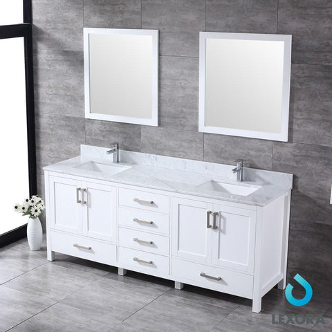 Image of Jacques 80" White Double Vanity | White Carrara Marble Top | White Square Sinks and 30" Mirrors