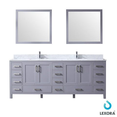 Image of Jacques 84" Dark Grey Double Vanity | White Carrara Marble Top | White Square Sinks and 34" Mirrors