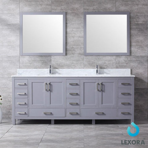 Image of Jacques 84" Dark Grey Double Vanity | White Carrara Marble Top | White Square Sinks and 34" Mirrors