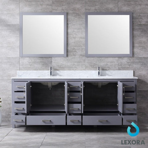 Image of Jacques 84" Dark Grey Double Vanity | White Carrara Marble Top | White Square Sinks and 34" Mirrors