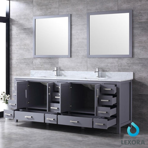 Image of Jacques 84" Dark Grey Double Vanity | White Carrara Marble Top | White Square Sinks and 34" Mirrors