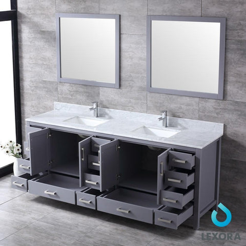 Image of Jacques 84" Dark Grey Double Vanity | White Carrara Marble Top | White Square Sinks and 34" Mirrors