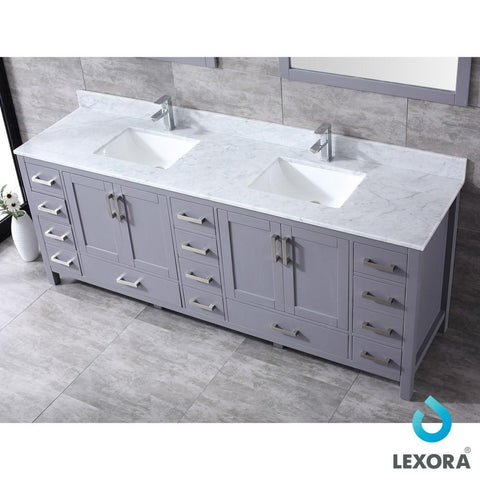 Image of Jacques 84" Dark Grey Double Vanity | White Carrara Marble Top | White Square Sinks and 34" Mirrors