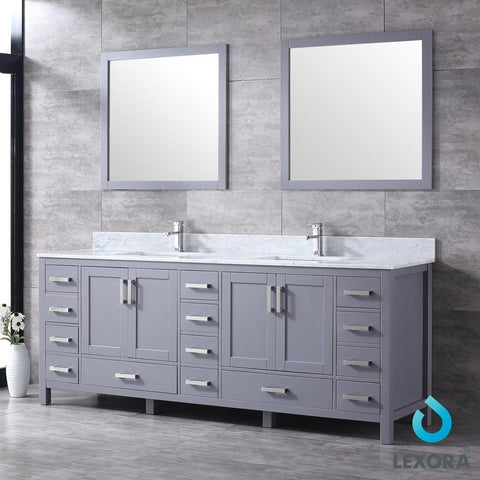 Image of Jacques 84" Dark Grey Double Vanity | White Carrara Marble Top | White Square Sinks and 34" Mirrors
