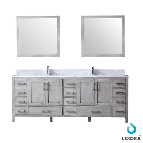 Image of Jacques 84" Distressed Grey Double Vanity | White Carrara Marble Top | White Square Sinks and 34" Mirrors