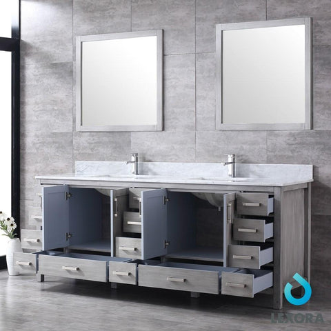 Image of Jacques 84" Distressed Grey Double Vanity | White Carrara Marble Top | White Square Sinks and 34" Mirrors