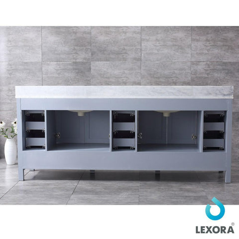 Image of Jacques 84" Distressed Grey Double Vanity | White Carrara Marble Top | White Square Sinks and 34" Mirrors