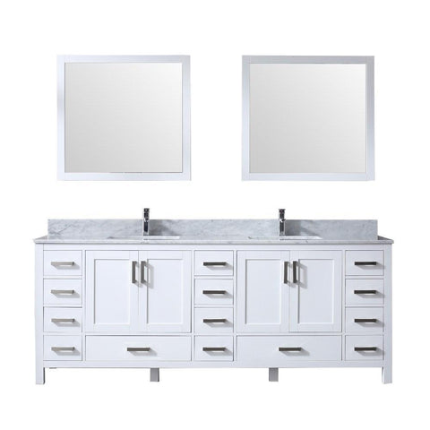 Image of Jacques 84" White Double Vanity | White Carrara Marble Top | White Square Sinks and 34" Mirrors