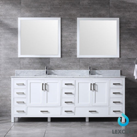 Image of Jacques 84" White Double Vanity | White Carrara Marble Top | White Square Sinks and 34" Mirrors