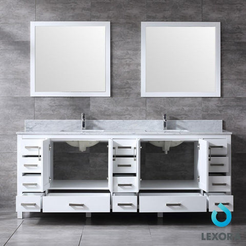 Image of Jacques 84" White Double Vanity | White Carrara Marble Top | White Square Sinks and 34" Mirrors