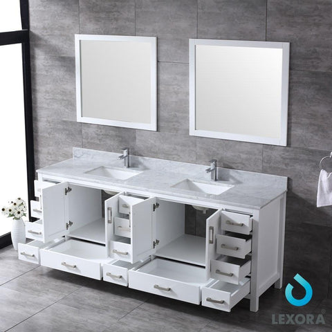 Image of Jacques 84" White Double Vanity | White Carrara Marble Top | White Square Sinks and 34" Mirrors