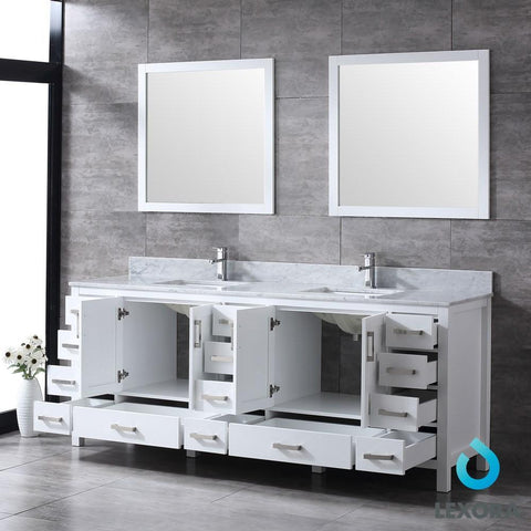 Image of Jacques 84" White Double Vanity | White Carrara Marble Top | White Square Sinks and 34" Mirrors