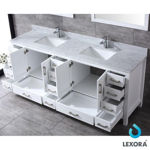 Image of Jacques 84" White Double Vanity | White Carrara Marble Top | White Square Sinks and 34" Mirrors