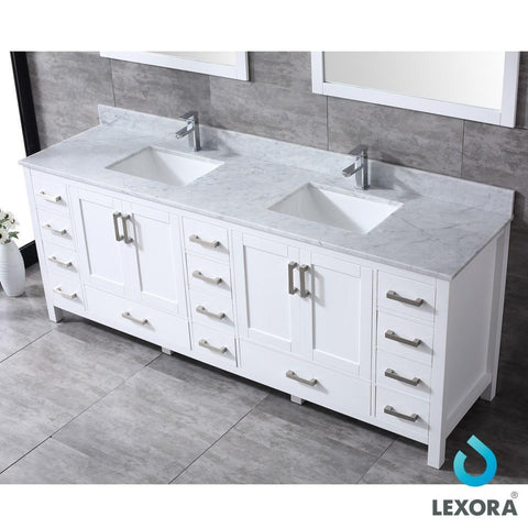 Image of Jacques 84" White Double Vanity | White Carrara Marble Top | White Square Sinks and 34" Mirrors