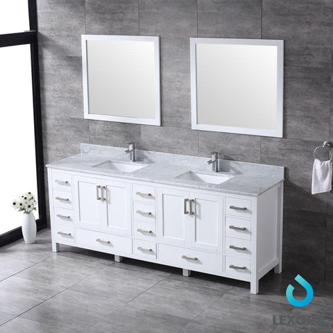 Image of Jacques 84" White Double Vanity | White Carrara Marble Top | White Square Sinks and 34" Mirrors